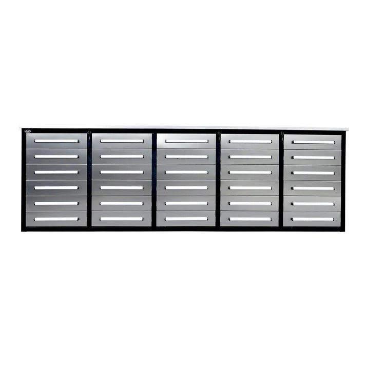 Chery Industrial 10 ft workbench storage cabinet with 30 drawers, front view with stainless steel top