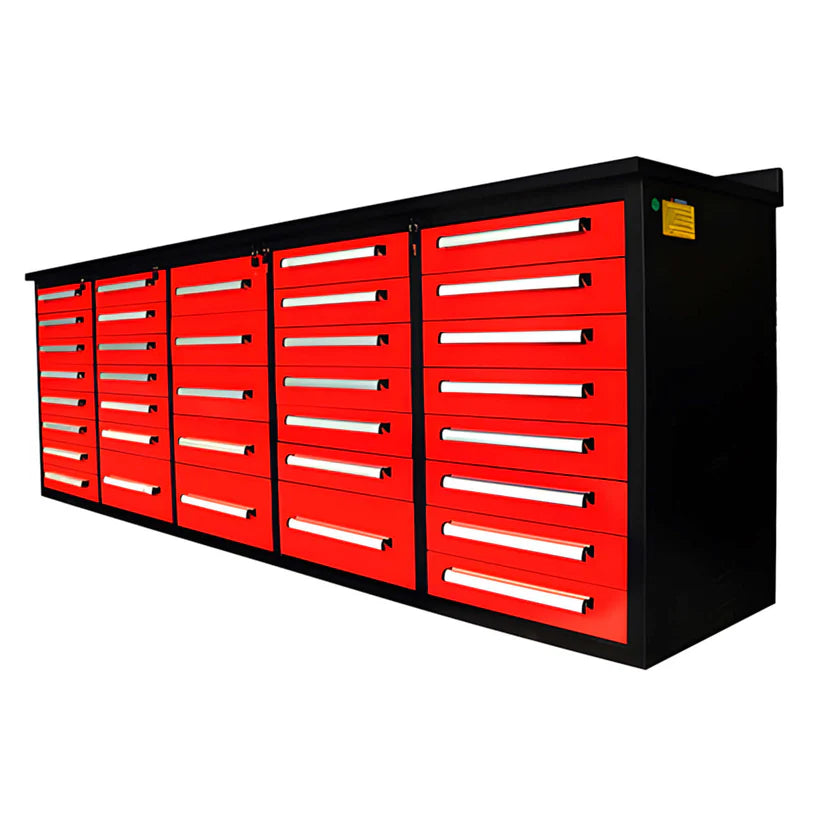 Chery Industrial 10ft 35-drawer workbench storage cabinet SUIWB1035BL01 in red angled front view