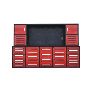 Chery Industrial 10ft garage workbench cabinet with 40 drawers and pegboard in red