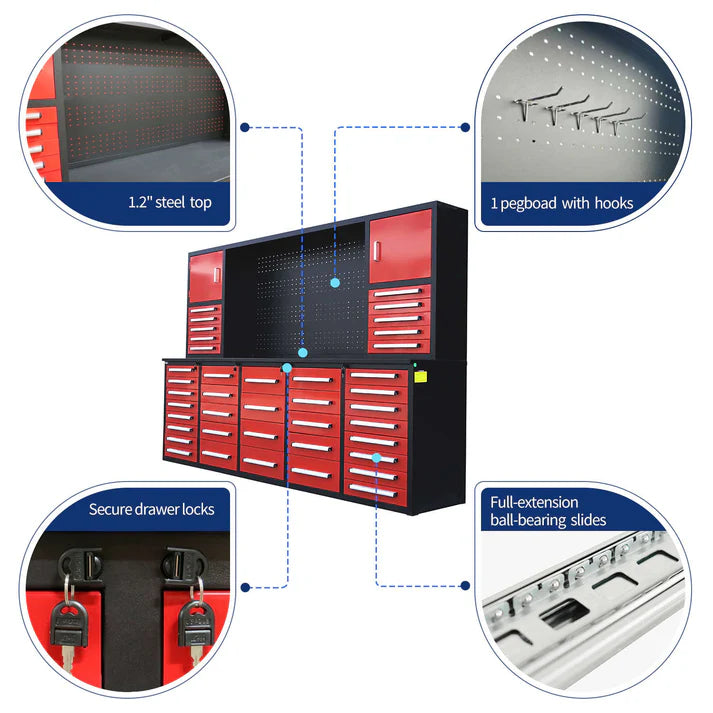Chery Industrial 10ft garage workbench highlighting drawer handles pegboard and steel frame