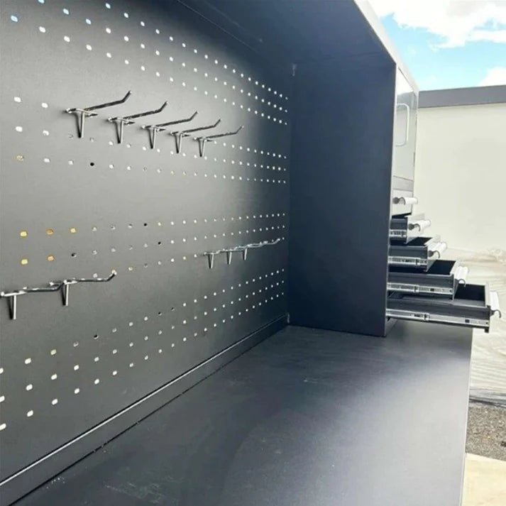 Chery Industrial 10ft workbench cabinet featuring integrated steel pegboard for tool storage