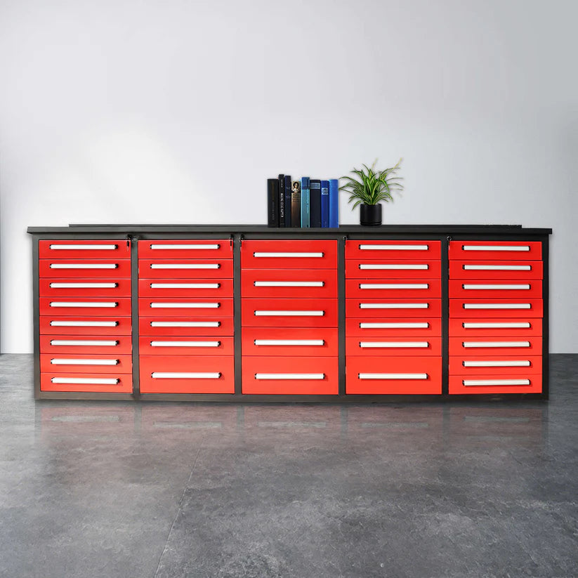 Chery Industrial 10ft workbench storage cabinet with 35 drawers SUIWB1035BL01 in red