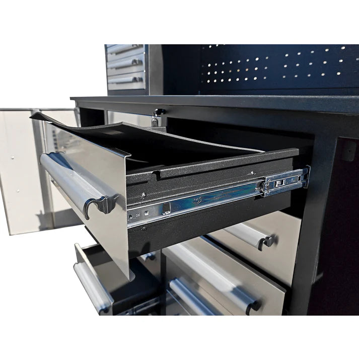 Chery Industrial 7 foot garage workbench drawer detail with ball bearing slide hardware and deep tool drawer design