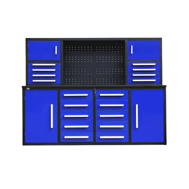 Chery Industrial 7 ft workbench cabinet in blue with 18 drawers, four cabinets, and center pegboard tool wall