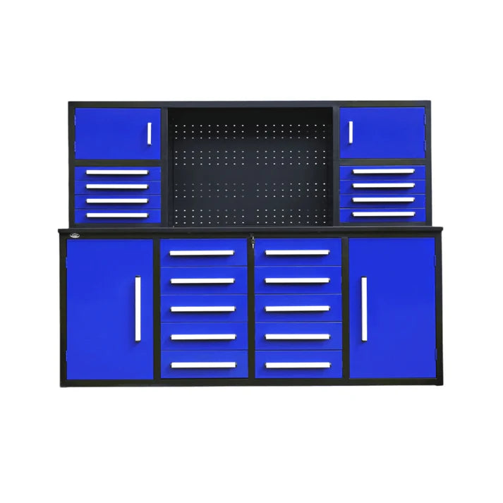 Chery Industrial 7 ft workbench cabinet in blue with 18 drawers, four cabinets, and center pegboard tool wall