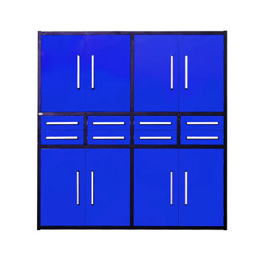 Chery Industrial 7ft garage storage cabinet system in blue with 8 drawers and 4 cabinets