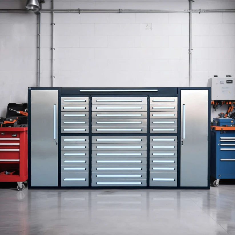 Chery Industrial 9ft tool cabinet with 34 drawers pictured in a real garage workspace setting