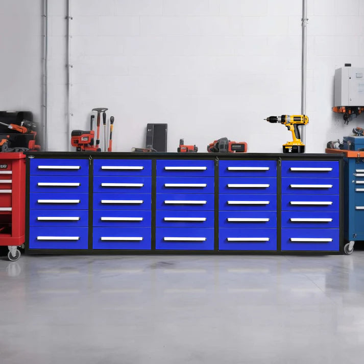 Chery Industrial blue 10 ft garage workbench installed in professional shop environment with tools on top