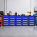 Chery Industrial blue 10 ft garage workbench installed in professional shop environment with tools on top