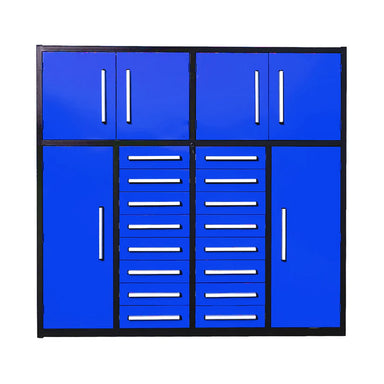 Chery Industrial made 7ft blue 16 drawer garage cabinet organizer with upper cabinets and lower storage doors
