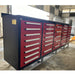 Chery Industrial red 10ft workbench with 35 drawers shown in workshop setting
