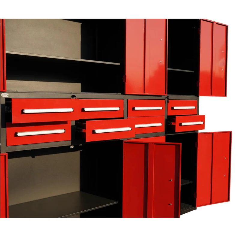 Chery Industrial red garage storage cabinet showing full-extension tool drawers and interior shelves