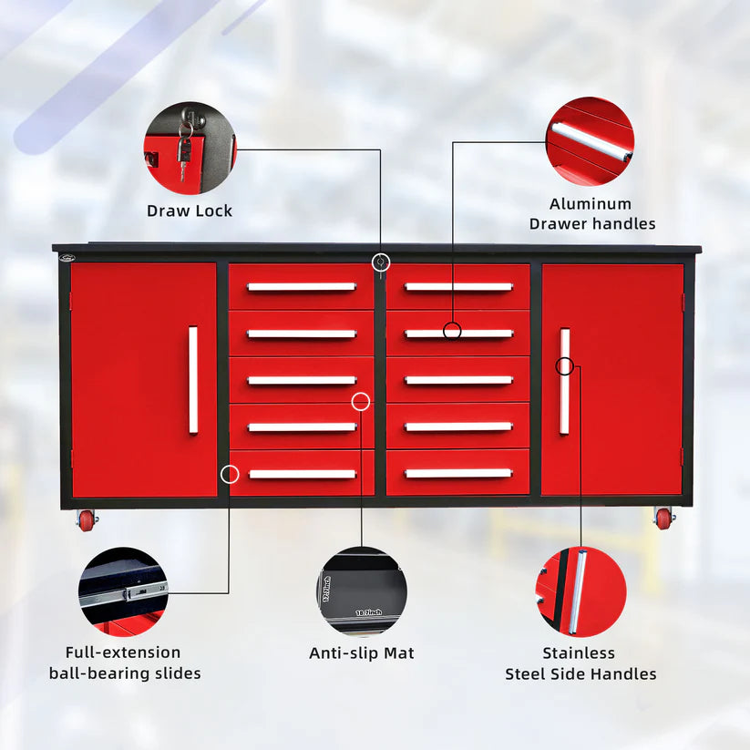 Chery Industrial red workbench highlighting drawer locks handles anti slip mats and slides