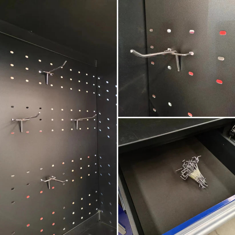 Chery Industrial tool cabinet pegboard close up with included hooks and storage tray area for workspace organization