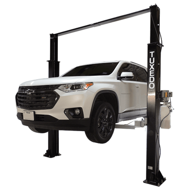 Chevrolet SUV raised on Tuxedo TP9KAC-TUX 9,000 lb 2 post car lift clear floor design