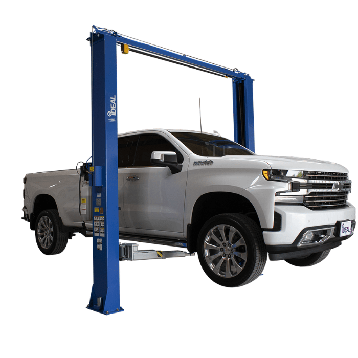 Chevy Silverado raised on iDEAL TP10KAC-DX two post car lift