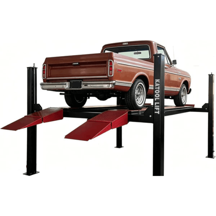 Classic pickup truck raised on the Katool KT-4M110PA 4-post alignment lift