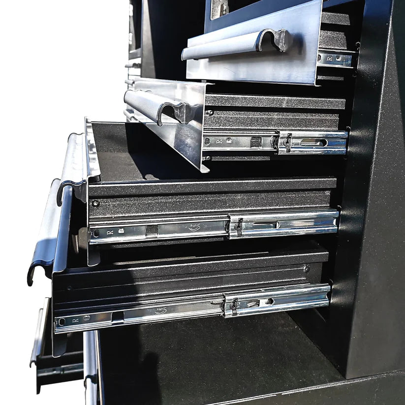 Close-up of Chery Industrial 9.5ft Tool Storage Workbench, 30 Drawers, 2 Cabinets, Integrated Pegboard showing smooth ball-bearing slide hardware