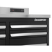 Close-up of Dragonfire logo, drawer handles, and integrated power outlets on the black Pro Series 7ft workbench (DFT-WB-17)