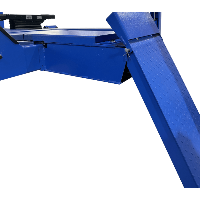 Close-up of a 4-post car lift runway ramp in blue steel with textured diamond plate.
