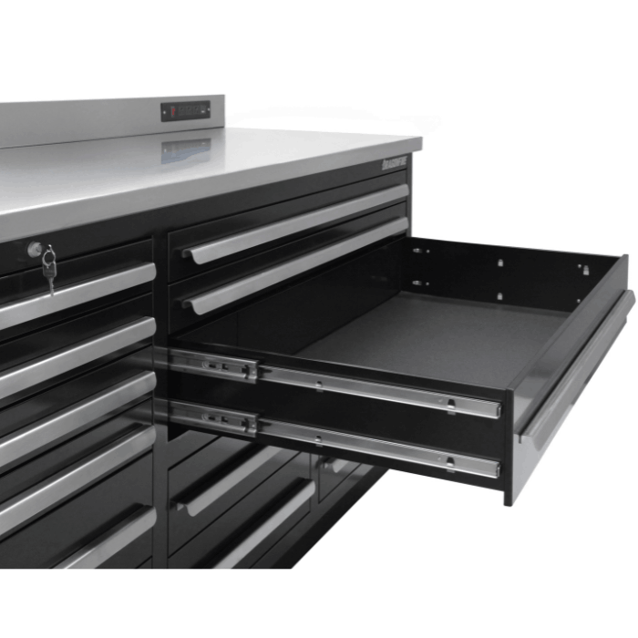 Close-up of a wide sliding tray drawer on the black Dragonfire Pro Series workbench with smooth rails and deep storage space, DFT-WB-20