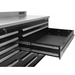 Close-up of a wide sliding tray drawer on the black Dragonfire Pro Series workbench with smooth rails and deep storage space, DFT-WB-20