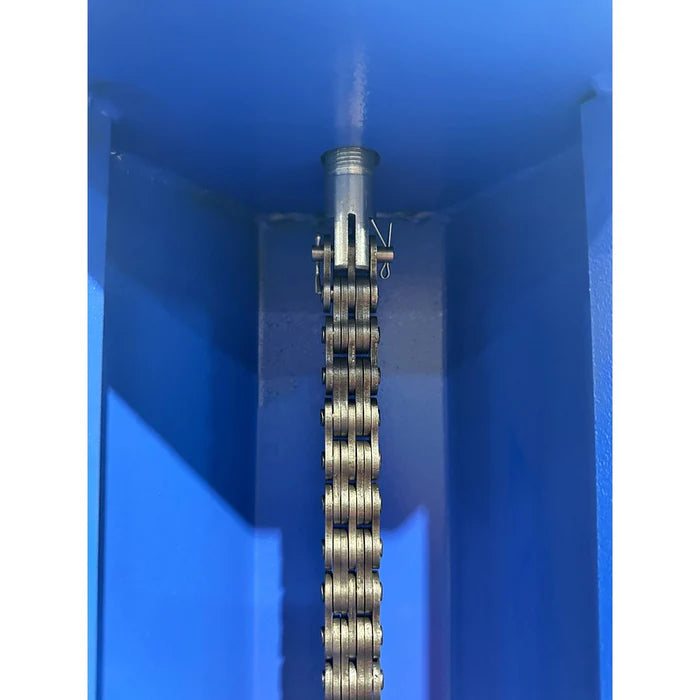 Close-up of lift chain and top pin assembly on Tuxedo FP14K 4 post lift column