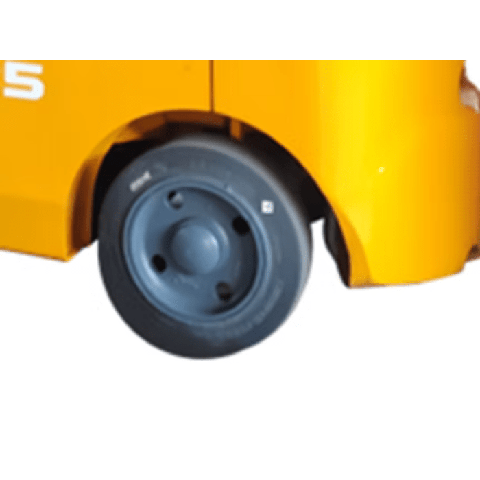 Close-up of rear cushion tire on the Ekko EK25CLP forklift, built for smooth indoor operation and 5,000 lb capacity