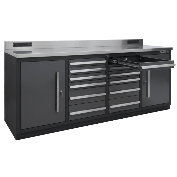 Close-up of right-side locking cabinet door and handle on the Dragonfire Pro Series workbench (DFT-WB-12)