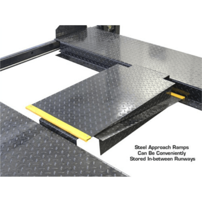Close-up of the Atlas PRO8000 showing how the steel approach ramps can be neatly stored between the runways—ideal for keeping your garage floor organized and clutter-free.