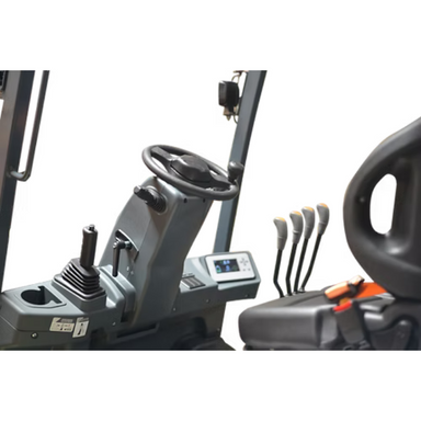 Close-up of the EK20GS hydraulic joystick and control area, featuring ergonomic design and accessible operator controls.