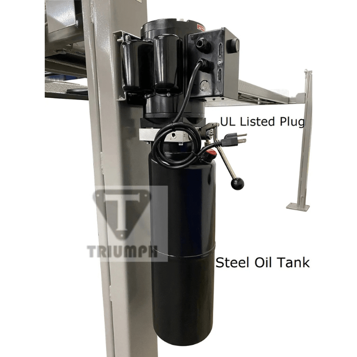 Close-up of the Triumph NSS-8 Vehicle Lift’s hydraulic power unit with a UL-listed plug and steel oil tank for safe, reliable lifting performance.