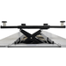 Close-up of the Triumph RJ-5000 Bridge Jack mounted on a four-post lift, featuring adjustable lift pads and a sturdy scissor mechanism for reliable vehicle support.
