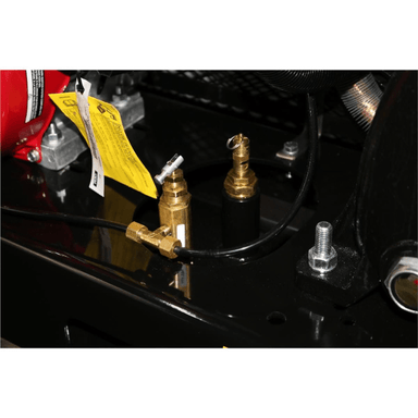 Close-up of the brass fittings and safety valve assembly on the Atlas AF13 Air Compressor for secure and efficient operation.