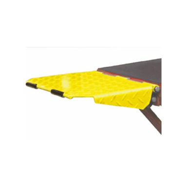 Close-up of yellow fold-out runway extension on AMGO LR10 low rise lift