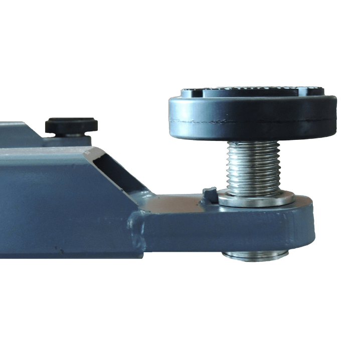 Close-up view of the screw pad mechanism on the Launch 9K Symmetric 2 Post Lift – TLT240SB-R, showing the heavy-duty threading and rubber pad detail.
