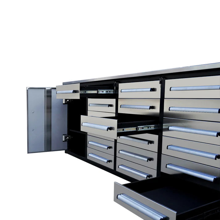 Close up of Chery Industrial 10ft stainless steel workbench drawers with full extension ball bearing slides