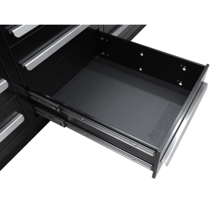 Close up of deep drawer on gray Dragonfire Pro Series workbench DFT-WB-30