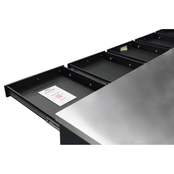 Close up of pull out top tray drawer on gray Dragonfire Pro Series workbench DFT-WB-30