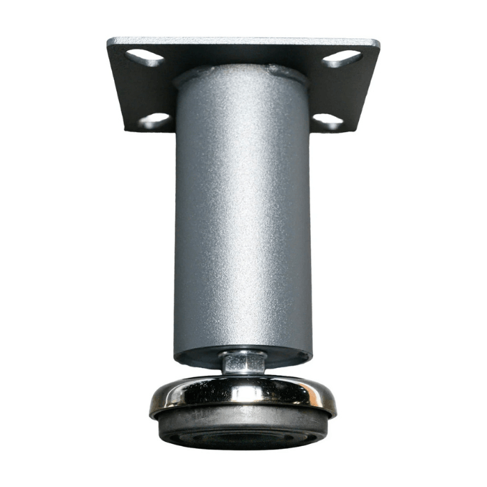 Close up of silver Dragonfire leveling foot with mounting plate and base pad DFT-WB-6PF