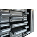 Close up of sliding drawers on stainless steel garage cabinet with Chery Industrial hardware