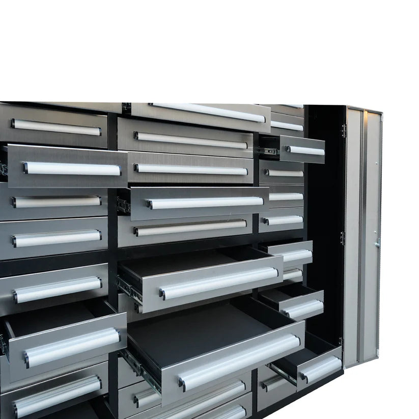 Close up of sliding drawers on stainless steel garage cabinet with Chery Industrial hardware