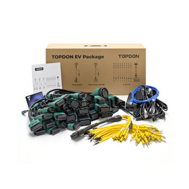 Complete TOPDON EV package layout with electric vehicle diagnostic adapters, cables, and accessories