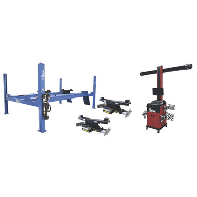 Complete iDEAL alignment machine combo including IWA-60-2000T-K 3D iPRO Image Wheel Aligner, 14K 4 post lift, and two 7K rolling bridge jacks