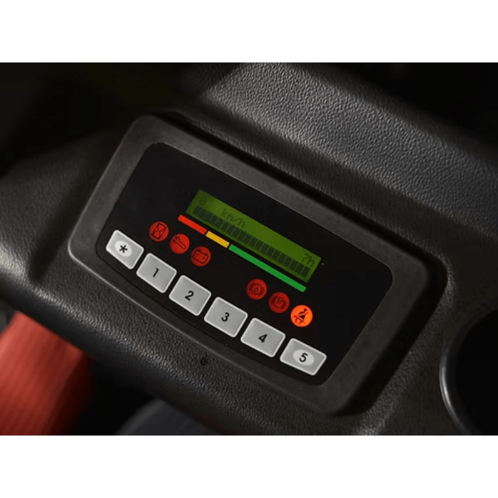 Control panel display of the EK16A-177 by Ekko, providing real-time readouts on speed, battery charge, and operator alerts.
