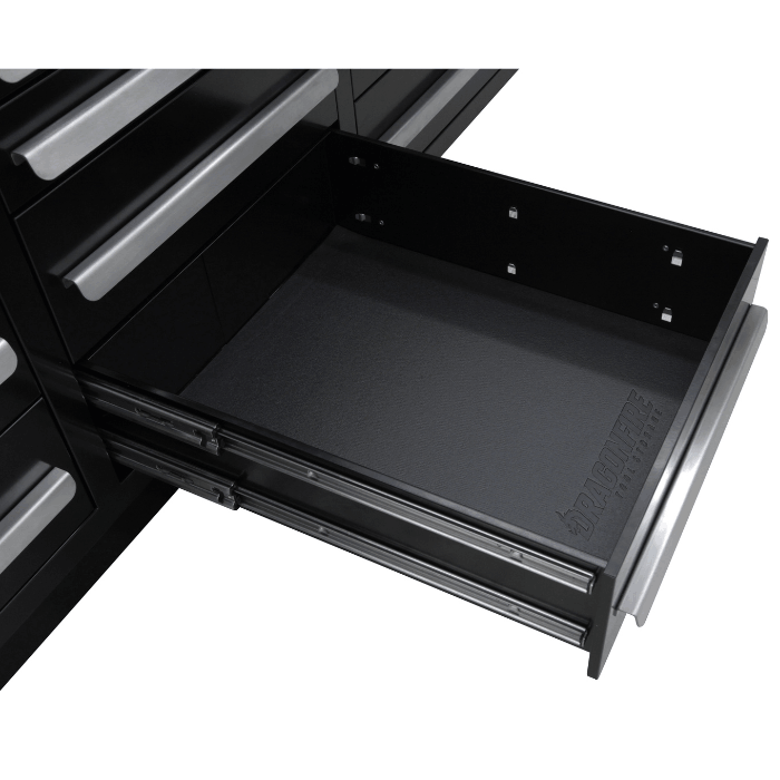 Deep drawer interior close-up showing heavy-duty slides on the black Dragonfire Pro Series 18 drawer 9ft workbench (DFT-WB-18)