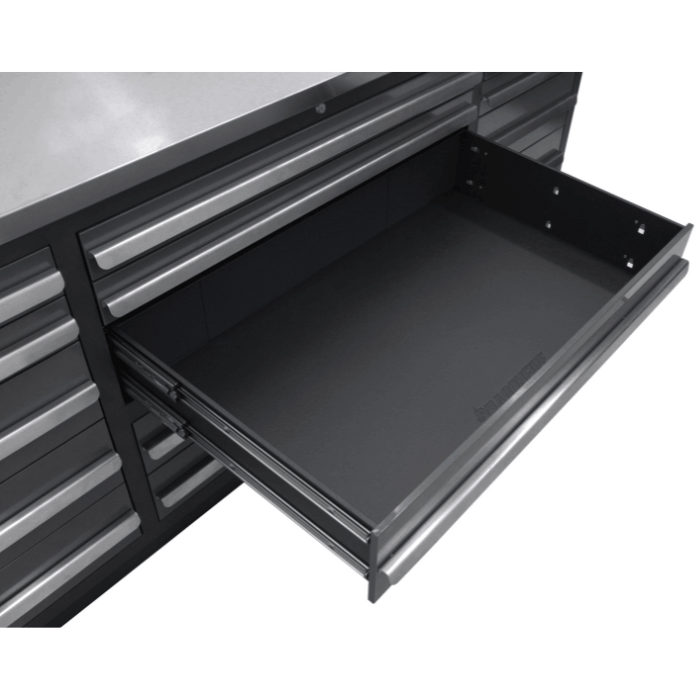 Deep drawer interior on the gray Dragonfire Pro Series DFT-WB-17 showing wide storage space and heavy duty slides