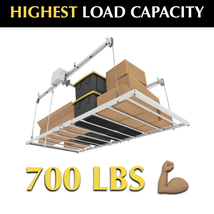 Demonstrating how the E-Z Lift can hold up to 700 LBS. Totes and boxes stacked on top and shown from the bottom right side