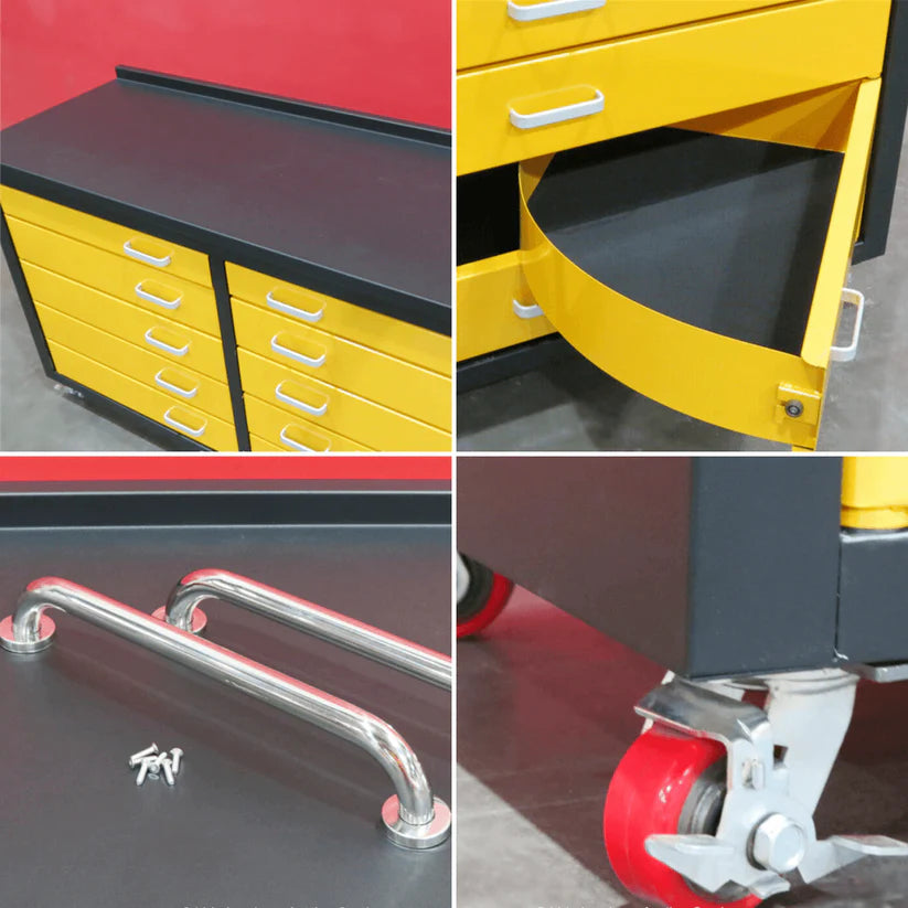 Detail collage of Chery Industrial yellow workbench including drawers handles and caster wheels