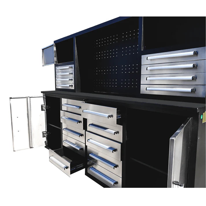 Detail photo of Chery Industrial 7 foot garage workbench drawers highlighting metal slide tracks and reinforced drawer frame